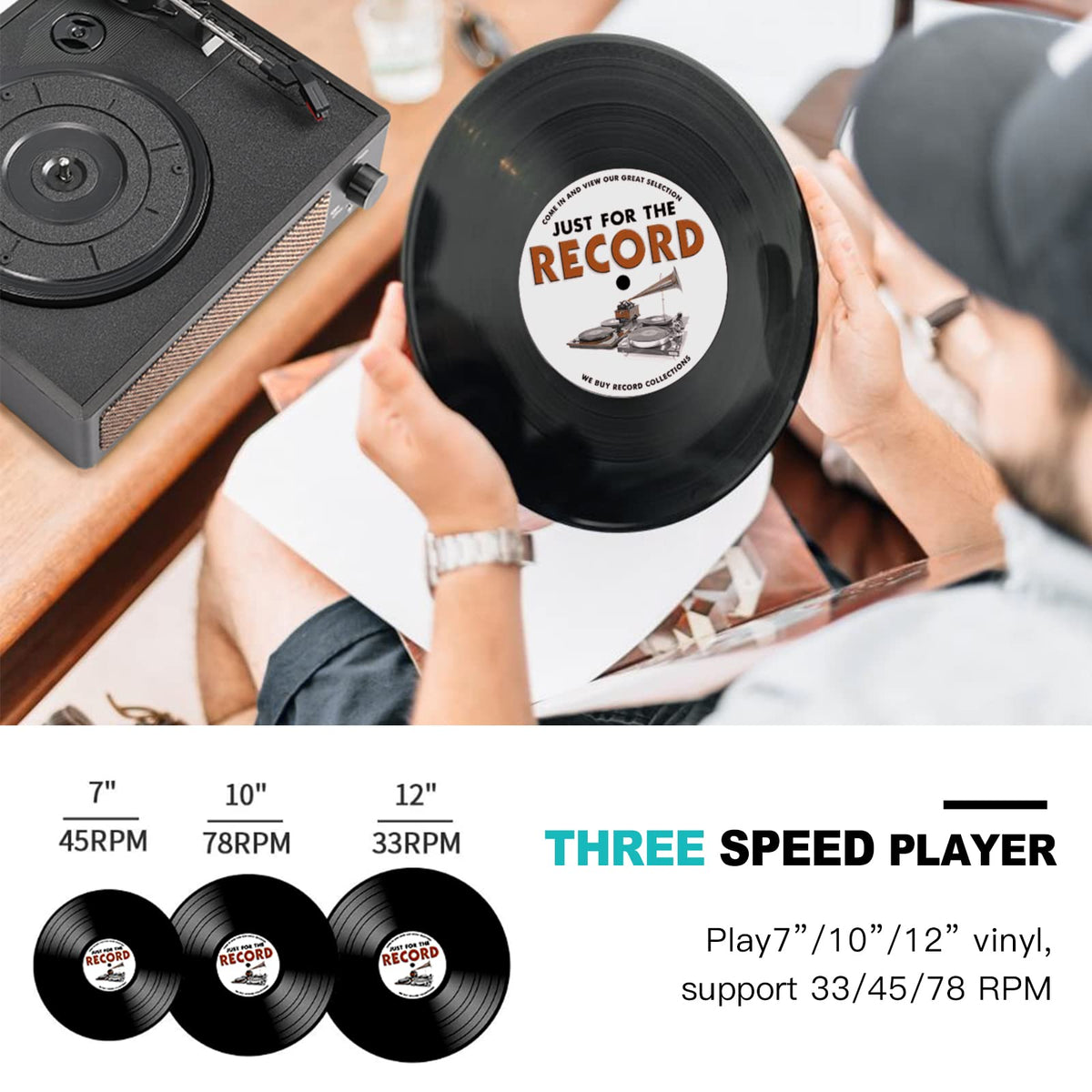 Seasonlife® Retro Vinyl Record Player with Stereo Speakers,Walnut Brown