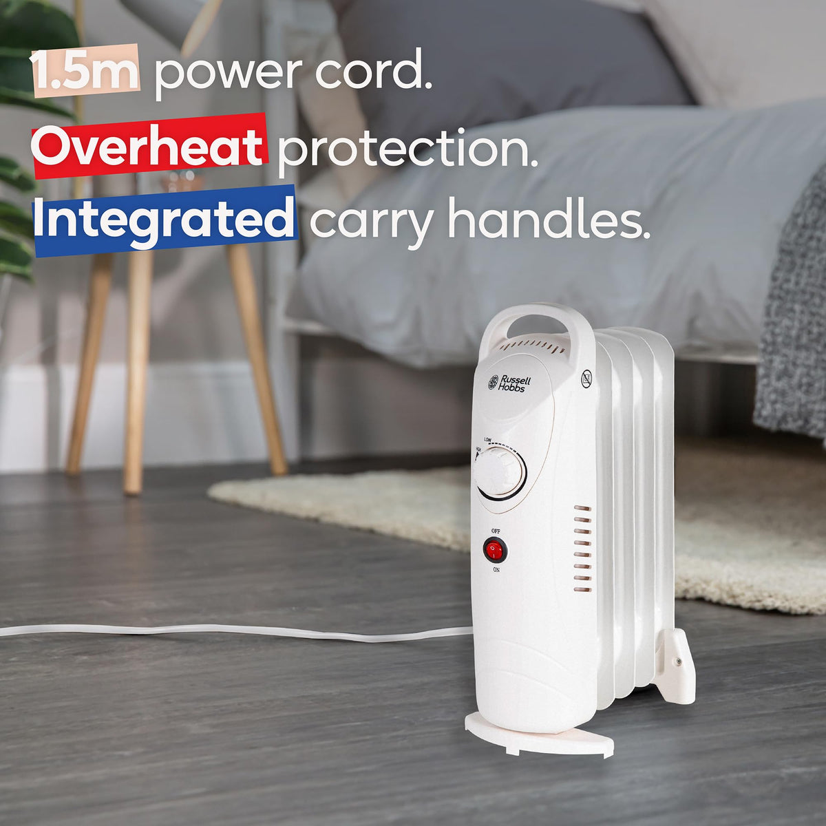 Russell Hobbs 2000W/2KW Oil Filled Radiator, 9 Fin Portable Electric Heater - White, Adjustable Thermostat with 3 Heat Settings, Safety Cut-off, 20 m sq Room Size, RHOFR5002, 2 Year Guarantee