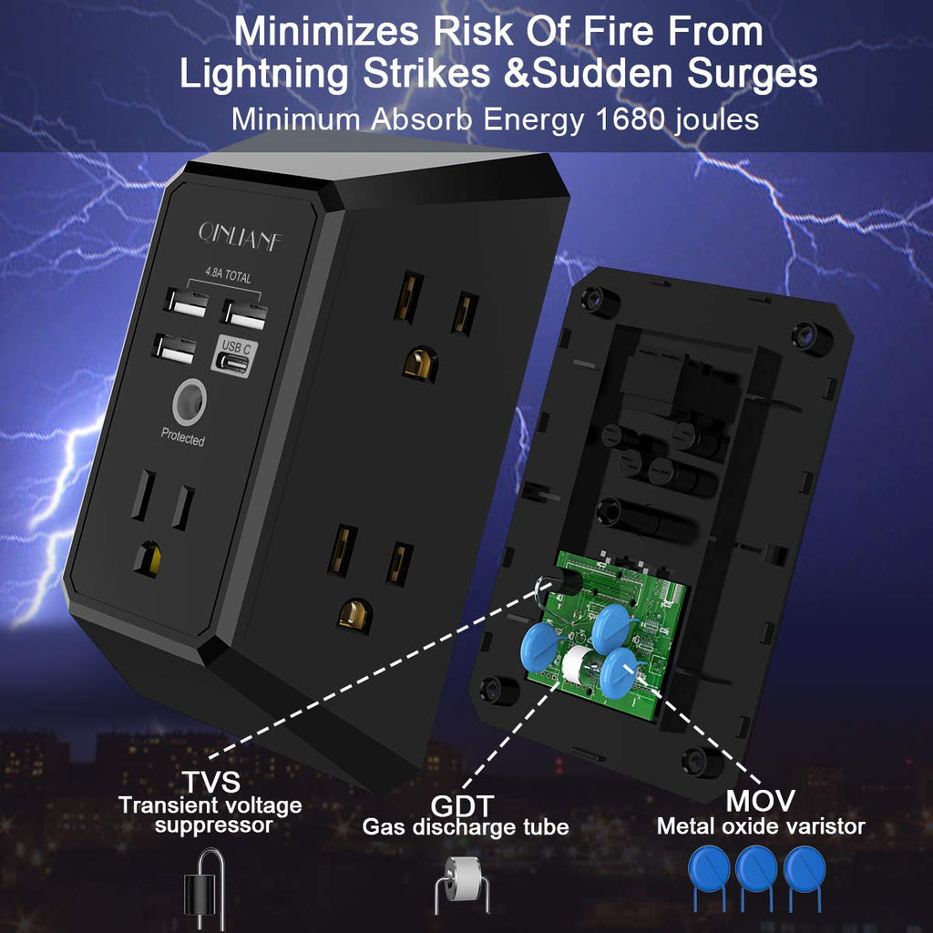 Surge Protector, QINLIANF 5 Outlet Extender with 4 USB Ports(2USB-C)