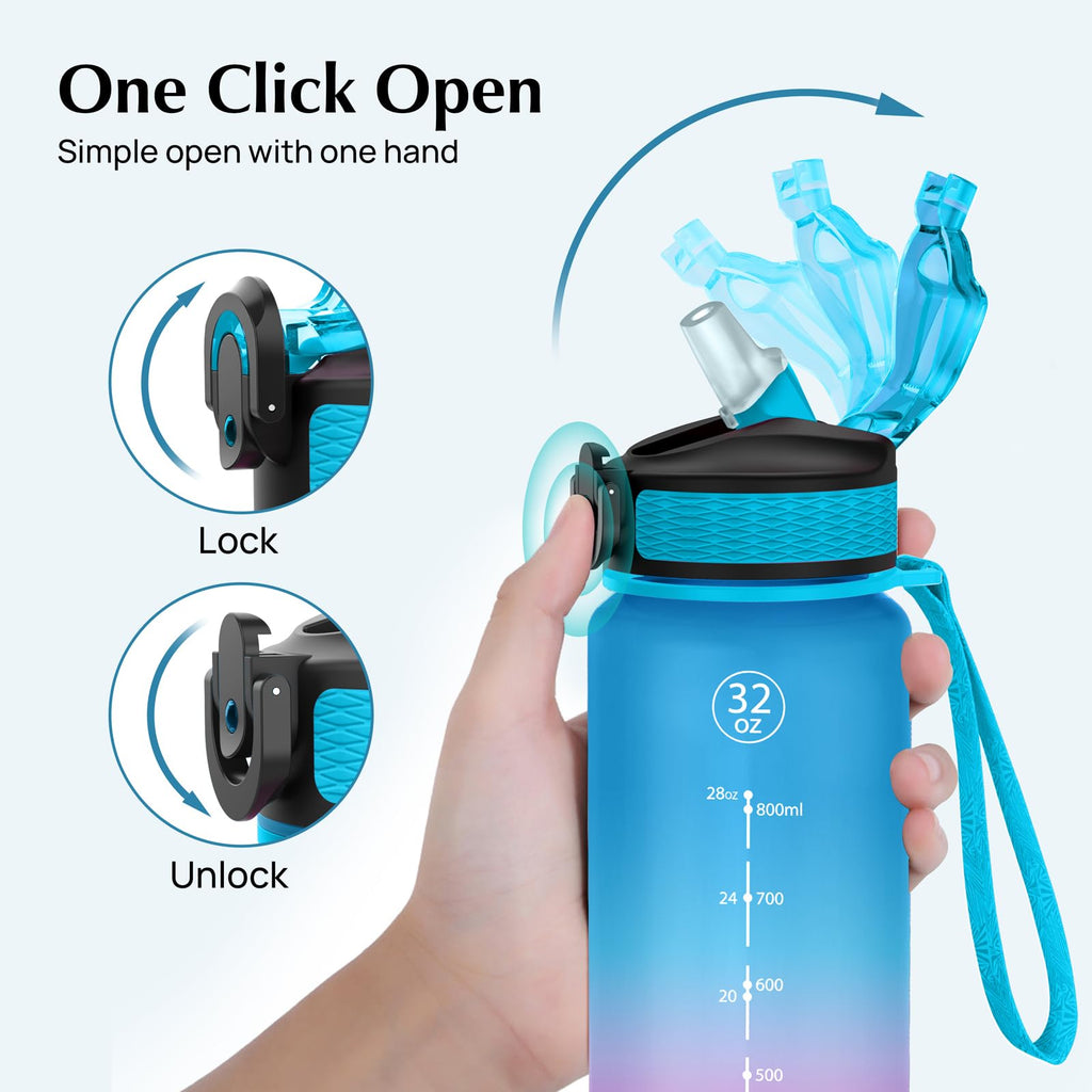 EYQ 1L Water Bottle, 1 Litre Water Bottle with Straw, 32oz Leak-Proof Motivational Sports Drinks Bottle with Time Marker, Tritan BPA-Free, Drinking Waterbottles for Gym Outdoor Sports