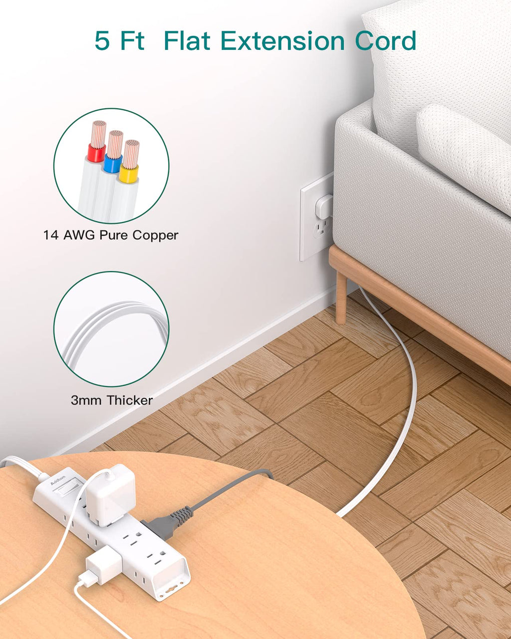 Flat Plug Power Strip, Ultra Thin Flat Extension Cord - 12 Outlets 3 Sides