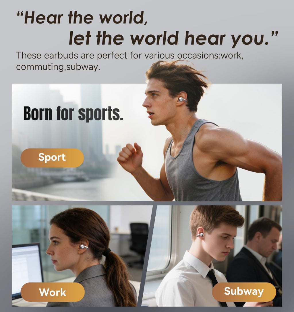 Kinglucky Clip-On Earbuds Gen 3, Open-Ear Wireless Bluetooth 6.0 Headphones with Mic, Secure Fit for Small Ears & Glasses Wearers, 50H Playtime, LED Digital Display, ENC, IPX5 Waterproof(Balck)