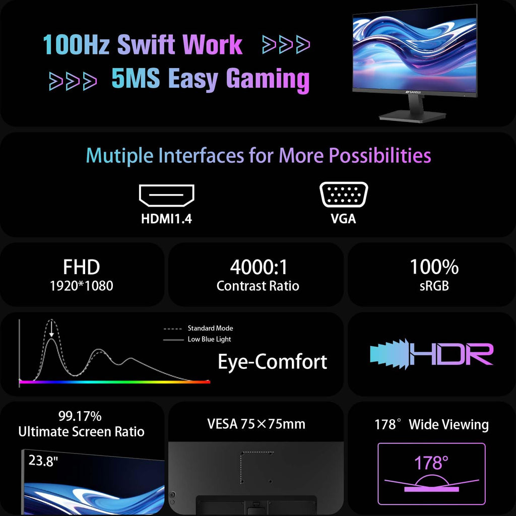 SANSUI 24 Inch Gaming Monitor 200Hz 1Ms FreeSync HDR 110% sRGB FHD 1080P Computer Monitor HDMI DP Ports Eye Care Frameless VESA Mount Cable Management(ES-G24F4L HDMI Cable Included)