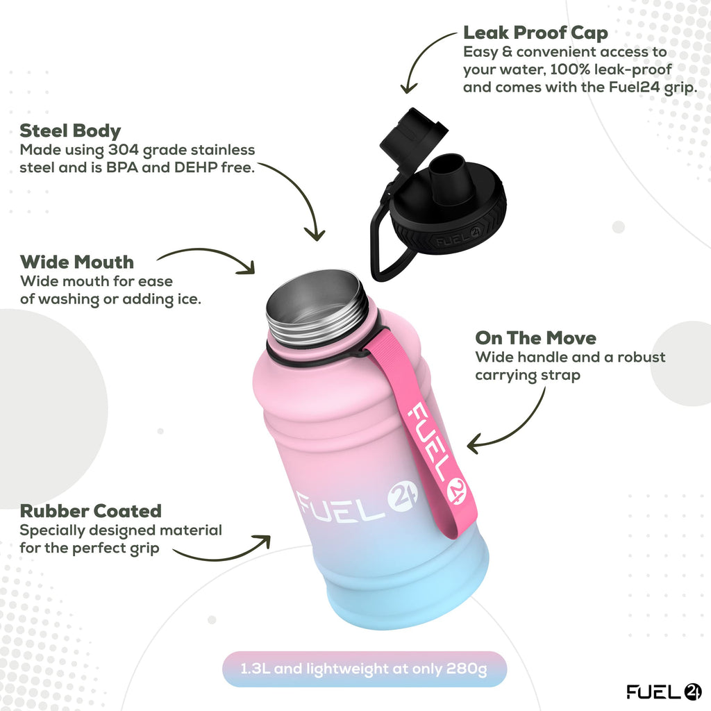 Fuel24 Stainless Steel Jug - 1.3 or 2.2 Litre Water Bottle - Extra Strong, BPA Free, Leak Proof - Large Gym Sports Bottle, 1.3L, 2.2L, Metal Bottle - Colour Options