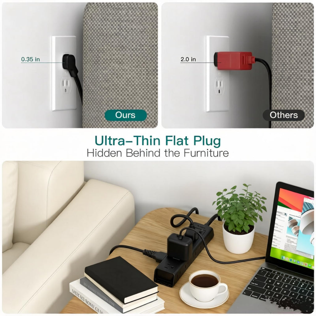 Flat Plug Power Strip, Ultra Thin Flat Extension Cord - 12 Outlets 3 Sides