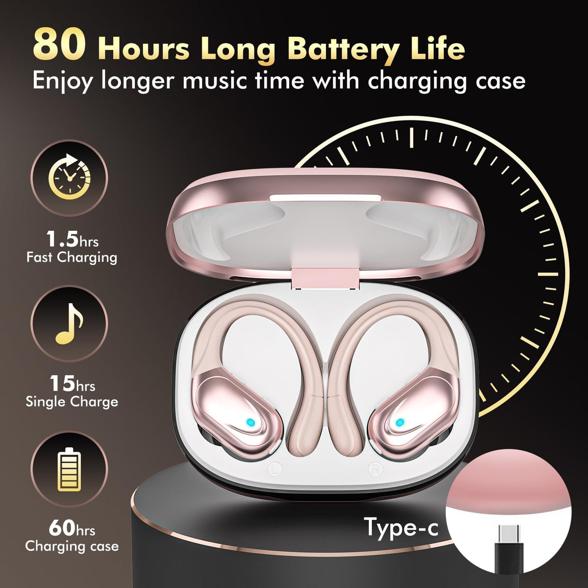 HAOYUYAN Wireless Earbuds, Sports Bluetooth Headphones, 80Hrs Playtime Ear Buds with LED Power Display, Noise Canceling Headset, IPX7 Waterproof Earphones for Workout/Running (Camel)