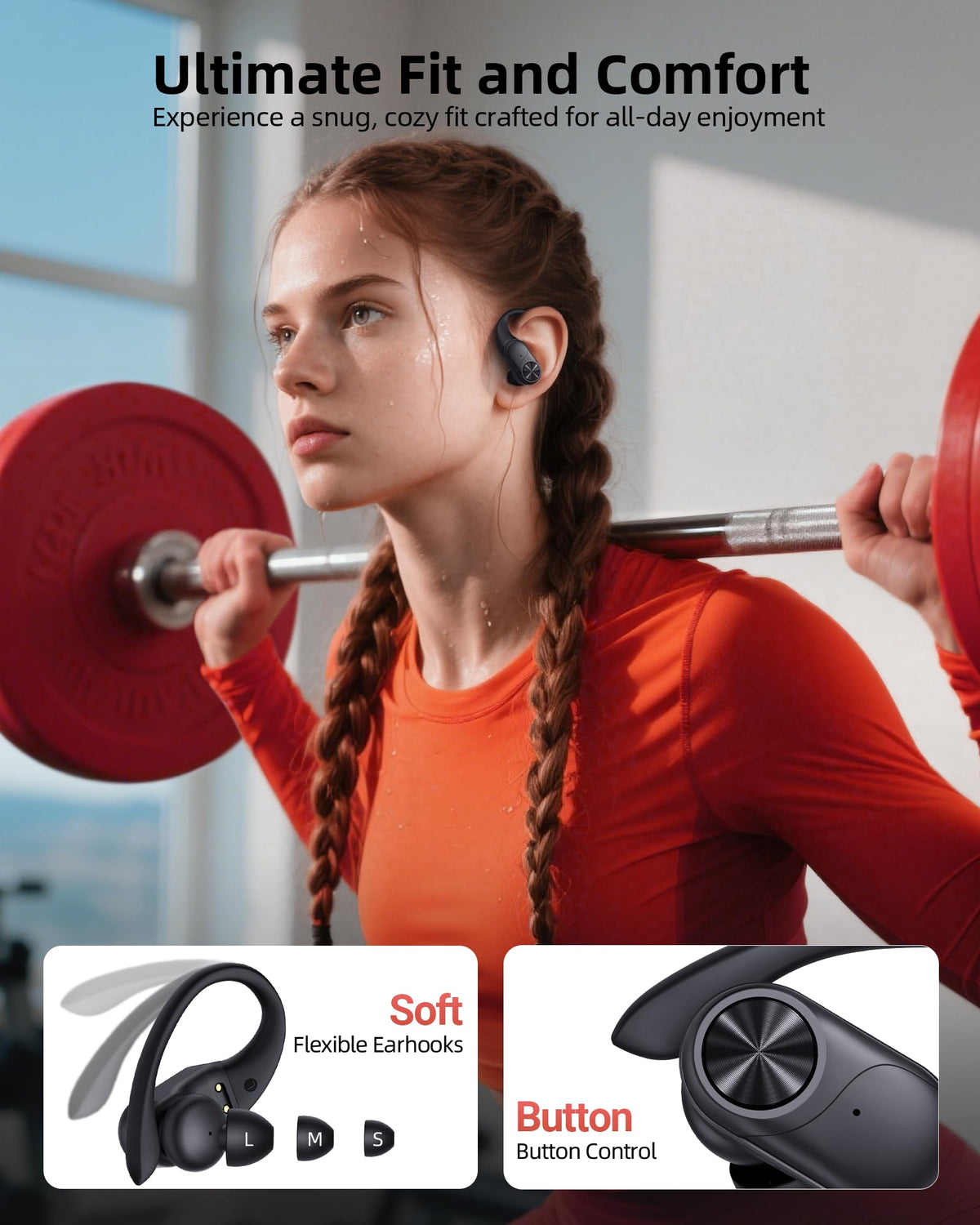 PocBuds Bluetooth Headphones Wireless Earbuds 80hrs Playtime Wireless Charging Case Digital Display Sports Ear Buds with Earhook Deep Bass IPX7 Waterproof Over-Ear Earphones for TV Phone Laptop Pink