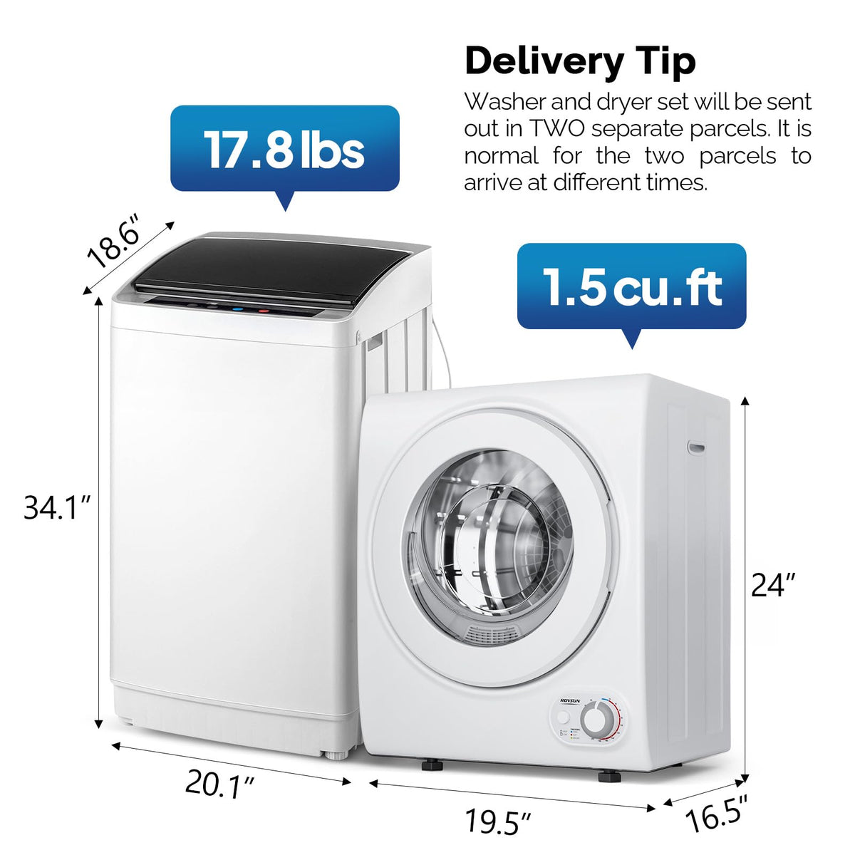 ROVSUN 25LBS Full-Automatic Washing Machine and 3.5CuFt Portable Clothes Dryer Set, Compact Laundry Washer and Dryer Combo Set with Stainless Steel Inner Tub, for Apartment, Dorms, Home