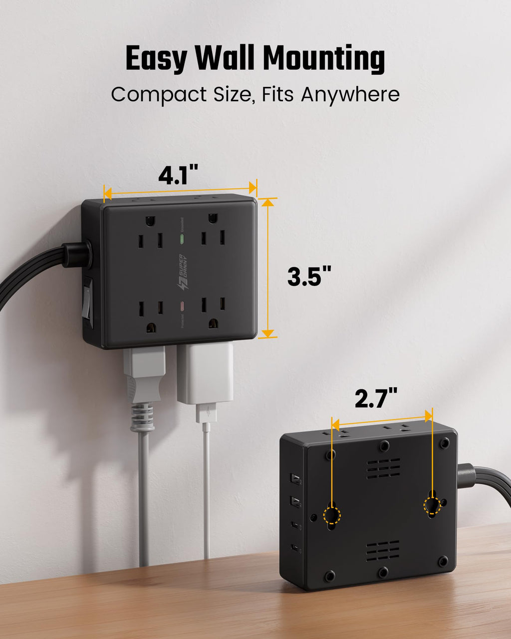 SUPERDANNY Extension Cord,Flat Plug Surge Protector Power Strip,6Ft