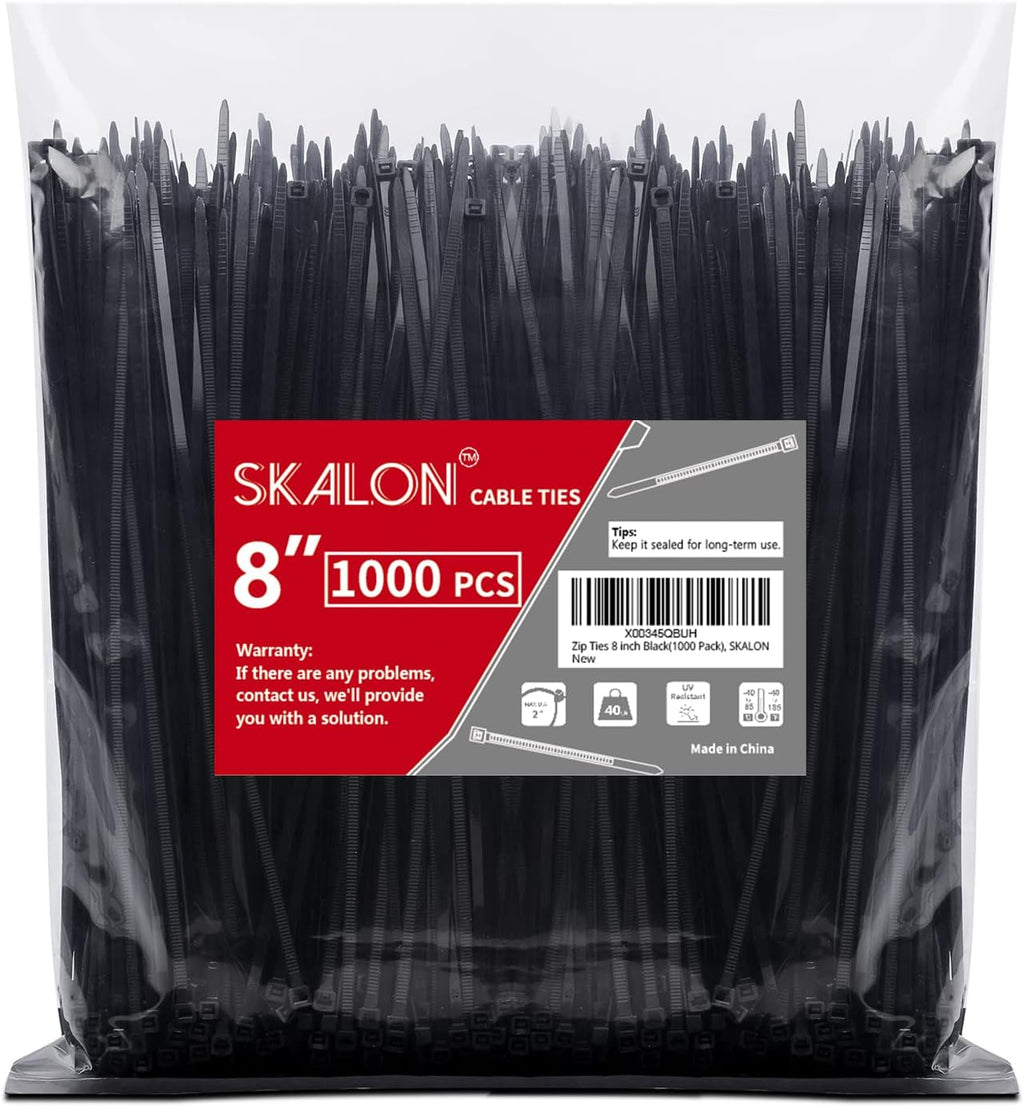 Zip Ties 8 inch (1000 Pack), 40lbs Tensile Strength, Black Cable Ties, Wire Ties for indoor and outdoor use, by Skalon