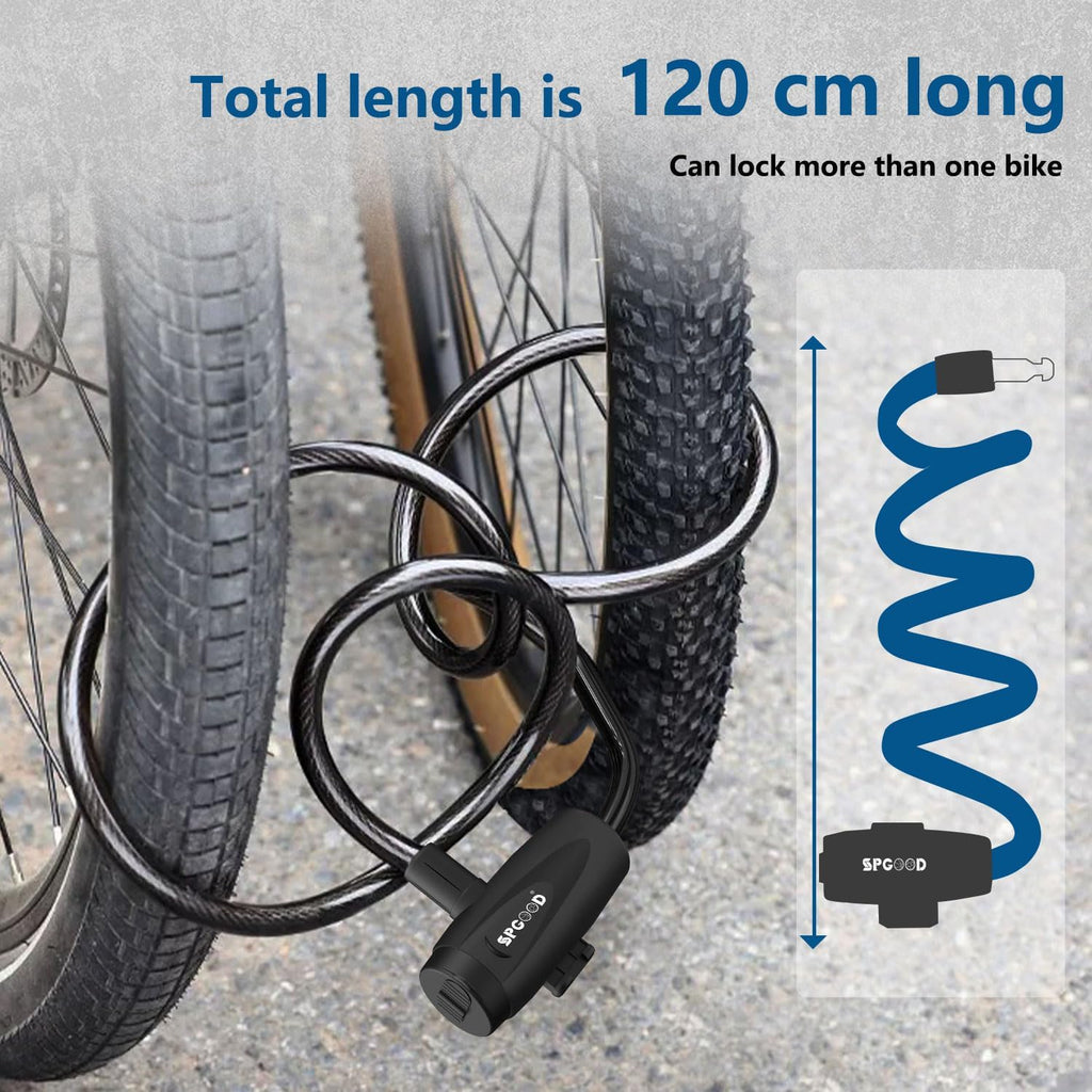 SPGOOD Bike Lock with 2 Keys, 12 mm Steel Cable Lock, 120 cm Length