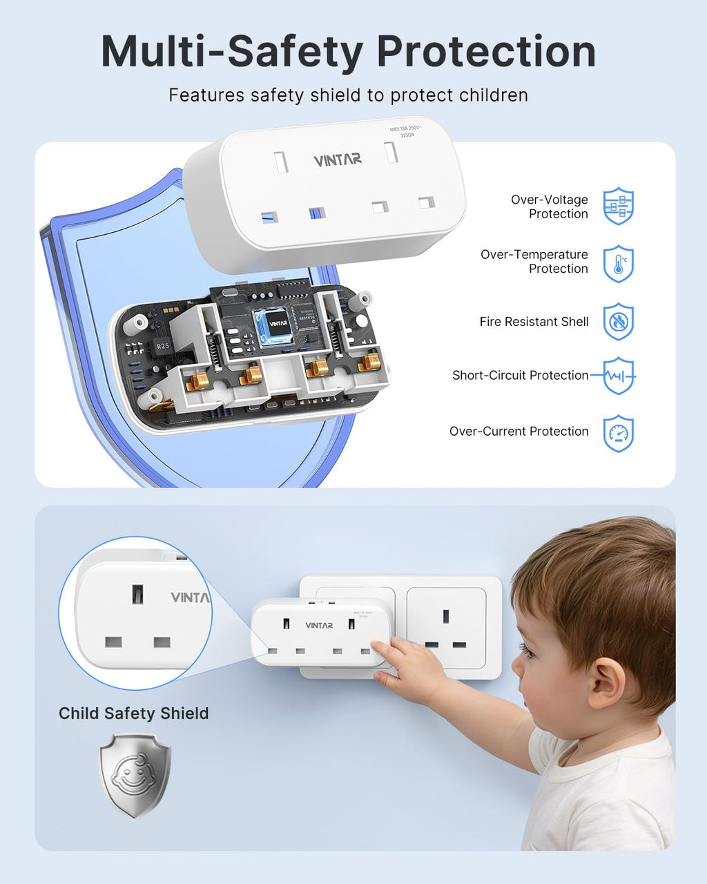 VINTAR Double Plug Adapter UK with 2 USB, 2 Way Plug Extension Sockets