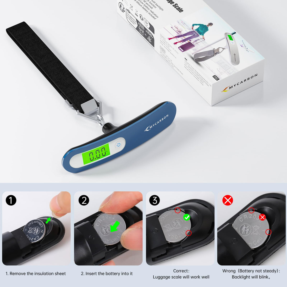 MYCARBON Luggage Scale Portable Digital Weight Scale for Travel Suitcase with Tare Function 110 Lb/ 50Kg Capacity (Silver)