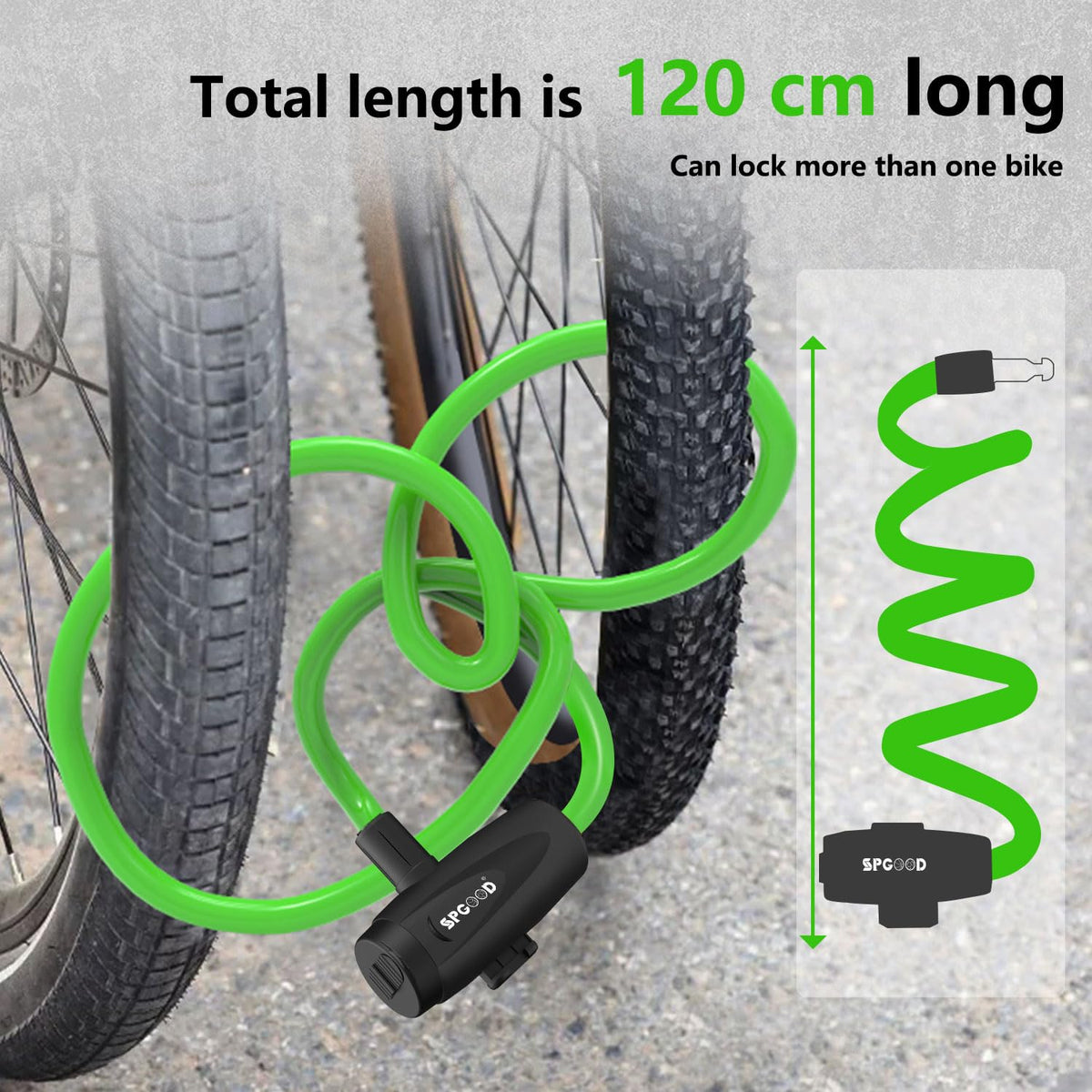 SPGOOD Bike Lock with 2 Keys, 12 mm Steel Cable Lock, 120 cm Length