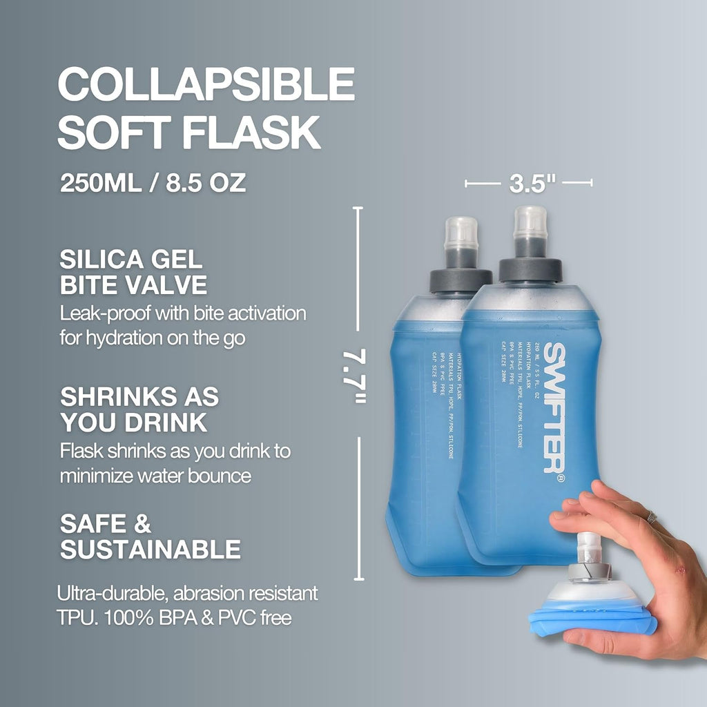 SWIFTER 2x Soft Flask 250ml | Collapsible Running Water Bottle | Handheld or in Vest | Leakproof | Trail Hydration Flask | Soft Water Bottle for Marathon, Hiking (250ml (x2))