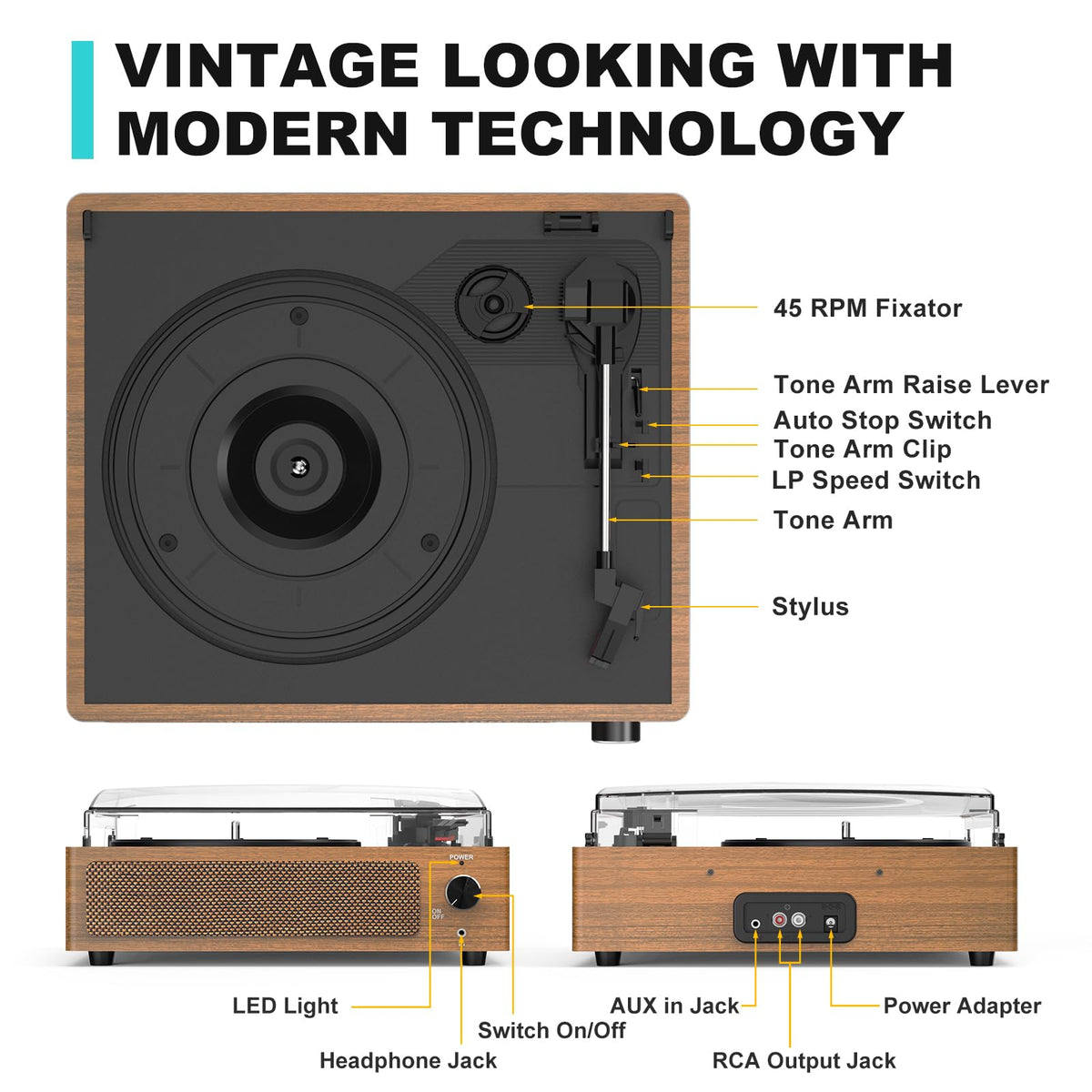 Seasonlife® Retro Vinyl Record Player with Stereo Speakers,Walnut Brown