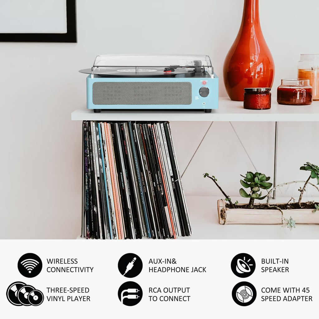 Seasonlife® Retro Vinyl Record Player with Stereo Speakers,Walnut Brown