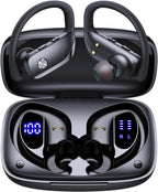 bmani Ear Buds Wireless Earbuds Bluetooth Headphones with 80H Playtime LED Display Case, Over-Ear Hook with Mic, Stereo Sound, Easy Button Controls, Sports Earphones for Running Workout Gym Black