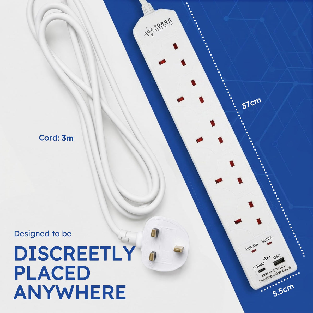 DESIRETECH White Electric Extension Lead - 6 Gang, 1 Metre Cable with UK Plug & 3 Pin Socket - Wall Mountable & Multi Socket Mains Strip for Home, Bedroom, Kitchen, & Office (1 Pack)