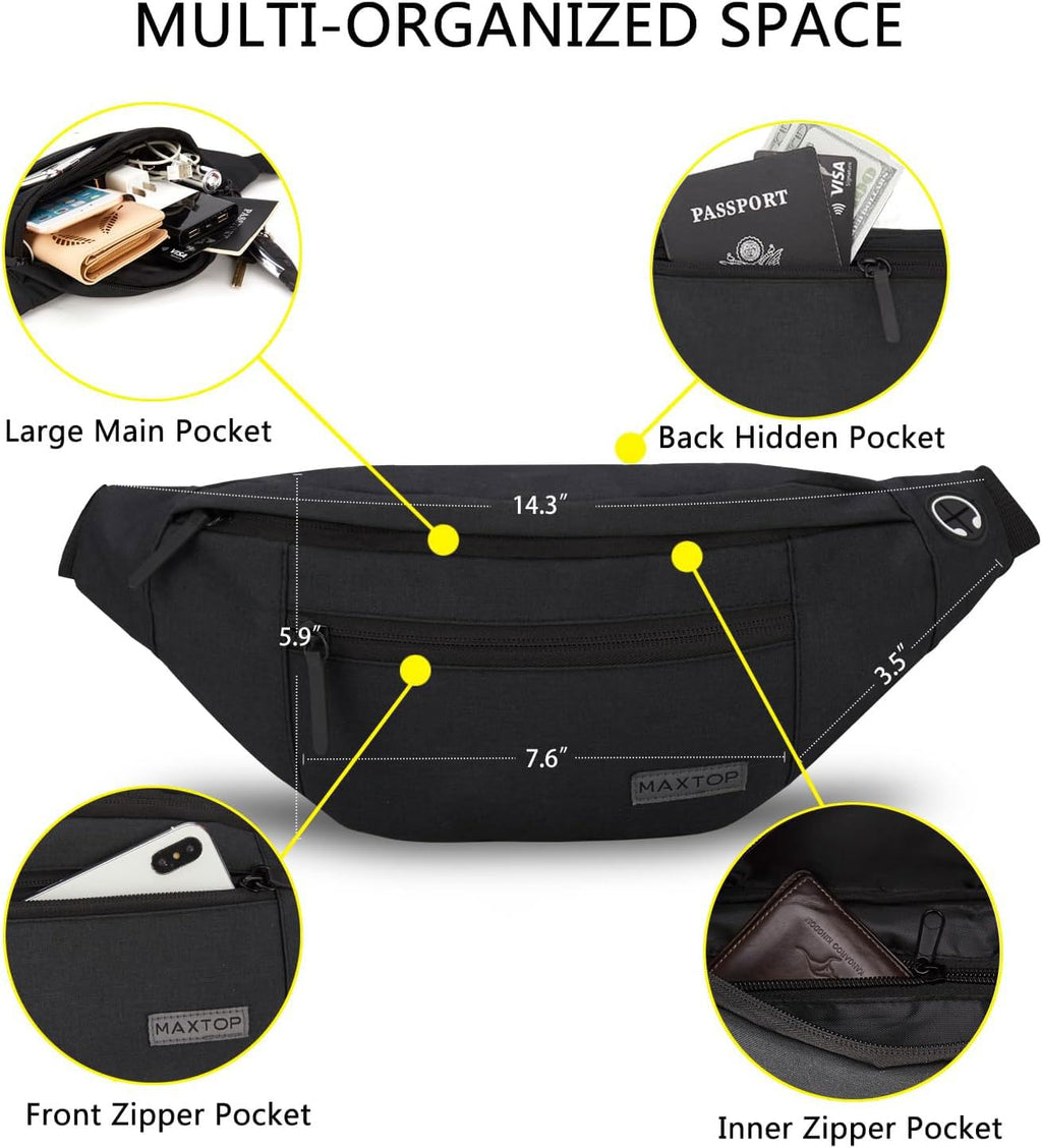 MAXTOP Large Bumbag Waist Fanny Pack Running Belt for Men Women Unisex Bum Bag with Headphone Jack and 4-Zipper Pockets Adjustable Belt for Travel Running Jogging Workout Hiking Gifts All Black