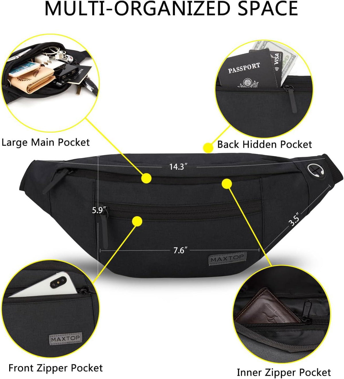 MAXTOP Large Bumbag Waist Fanny Pack Running Belt for Men Women Unisex Bum Bag with Headphone Jack and 4-Zipper Pockets Adjustable Belt for Travel Running Jogging Workout Hiking Gifts All Black