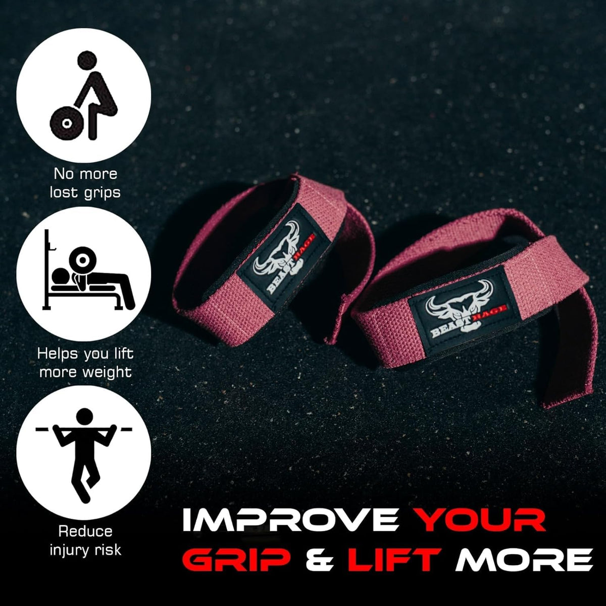 BEAST RAGE Weight Lifting Straps Fitness Padded Cotton Wrist Support Gel Advanced Grips Dumbbell Bar Wraps Heavy Duty Gym Bodybuilding Straps Power Deadlift Barbells Non Slip Exercise