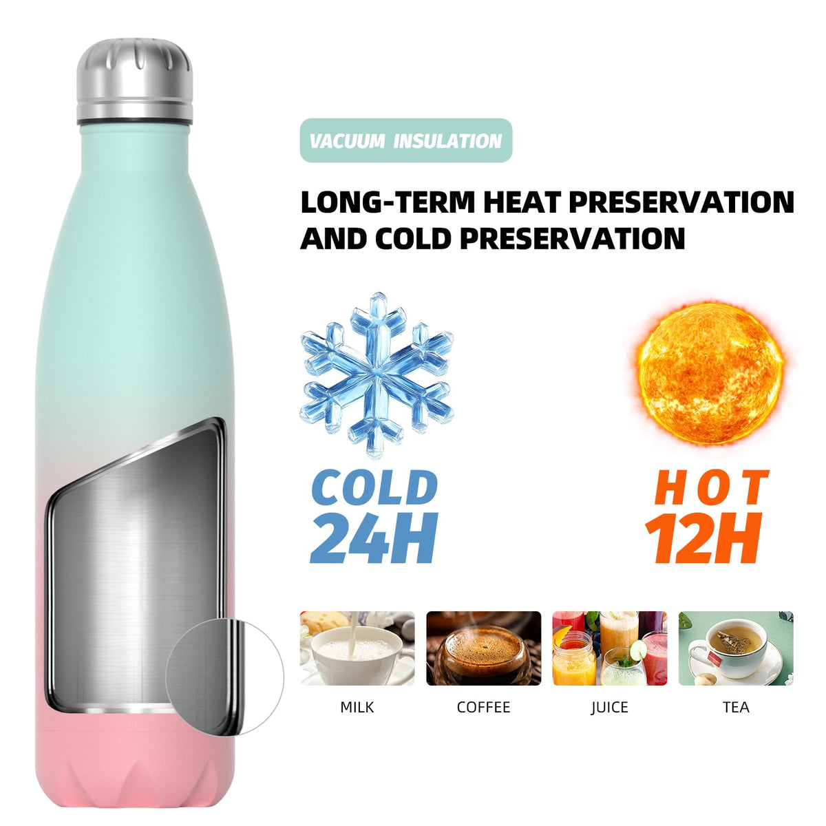 Stainless Steel Insulated Water Bottle, WATERSY Double Walled Metal Vacuum Flask Keep 24 Hrs Cold & 12 Hrs Hot Thermal Metal Sports Bottles 500ml BPA Free for Outdoor, Work, Gym, School (Black)