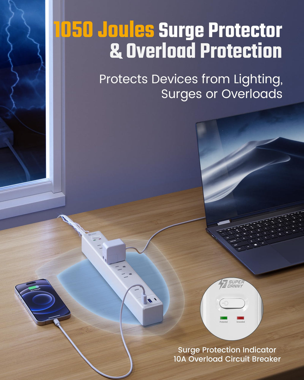 SUPERDANNY 6Ft Thin Extension Cord, Flat Plug Surge Protector Power Strip