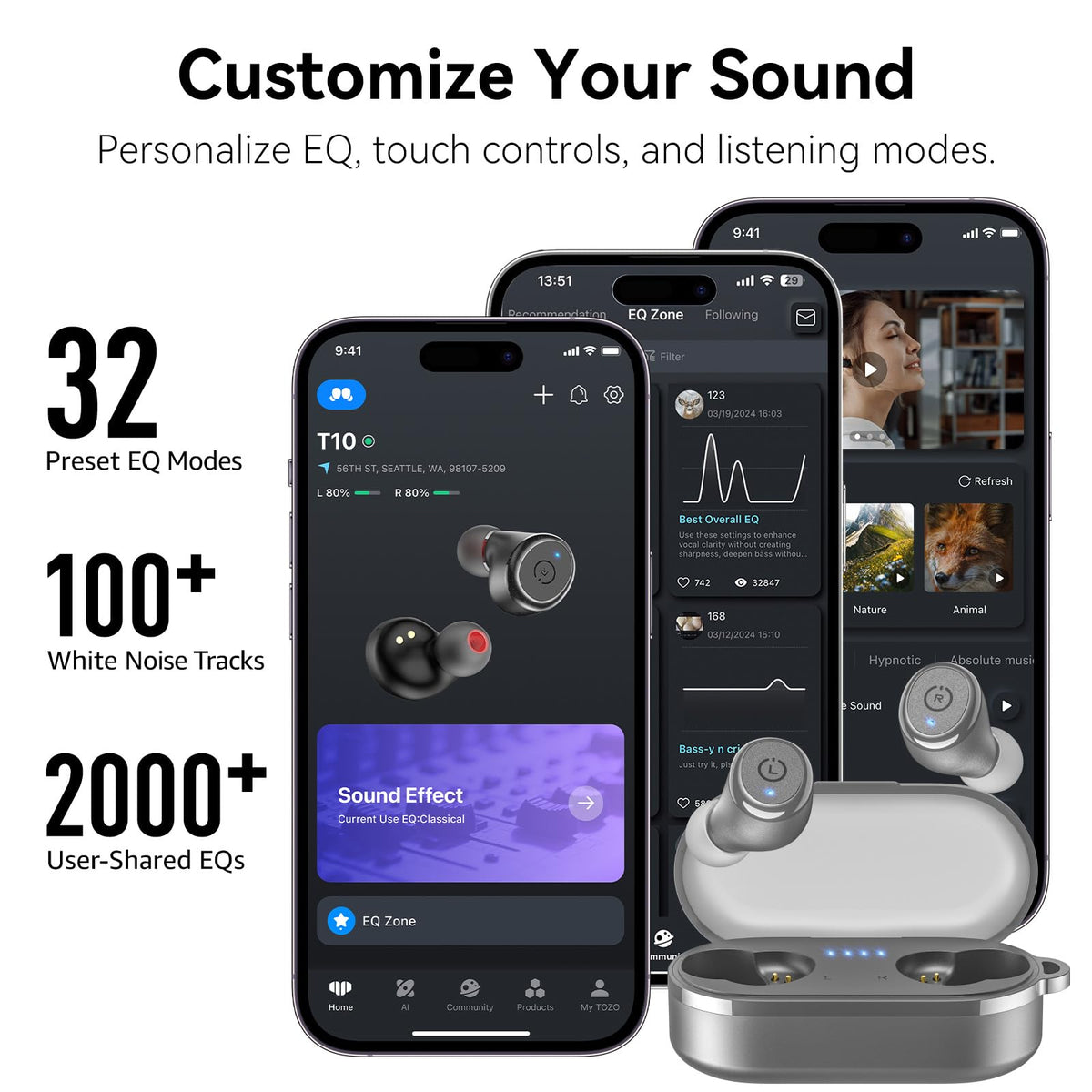 TOZO T10 Wireless Earbuds Powerful Bass Stereo Wireless Charging, APP, IPX8