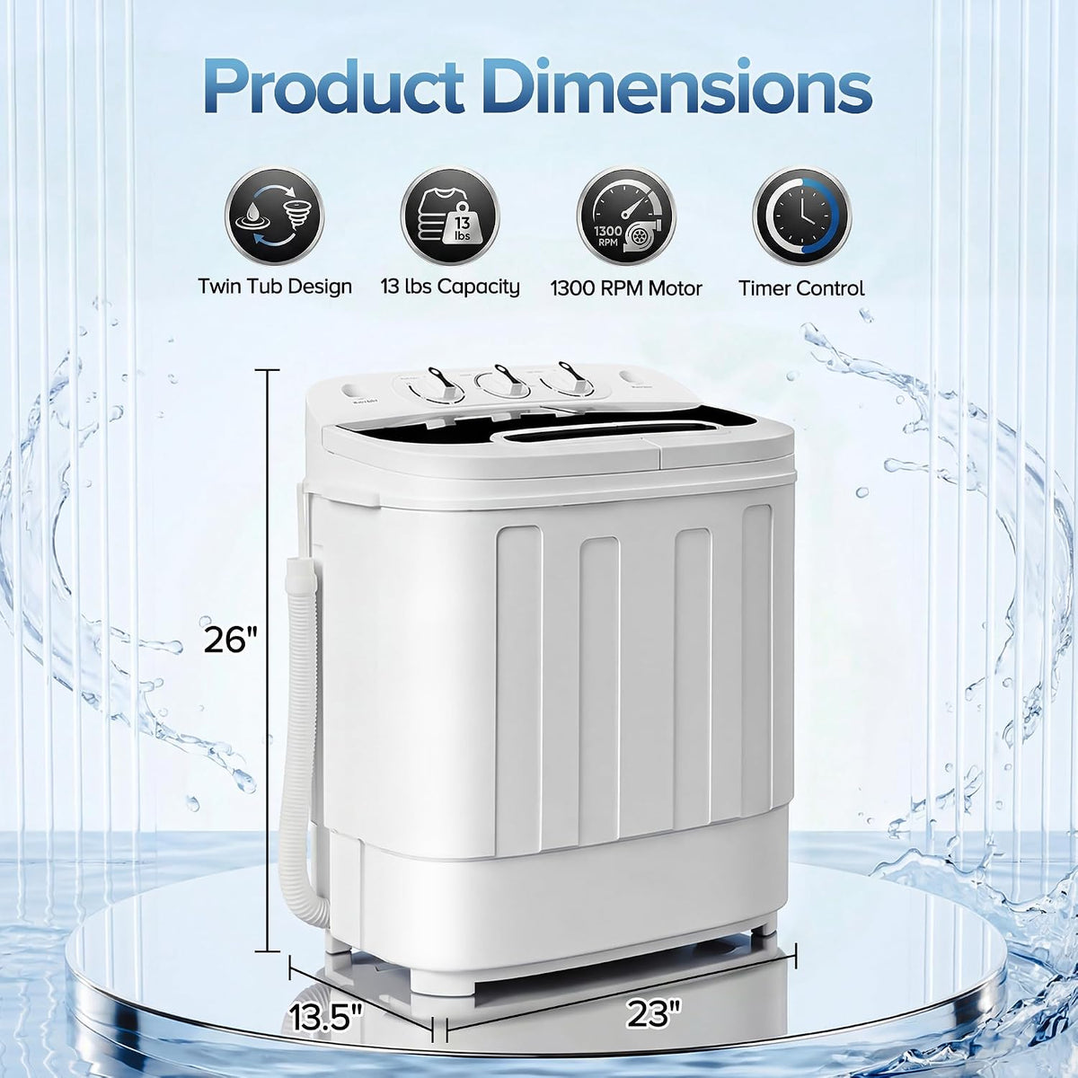 SUPER DEAL Compact Mini Twin Tub Washing Machine 13lbs Capacity Portable Washer Wash and Spin Cycle Combo, Built-in Gravity Drain for Camping, Apartments, Dorms, College, RV’s and Small Spaces
