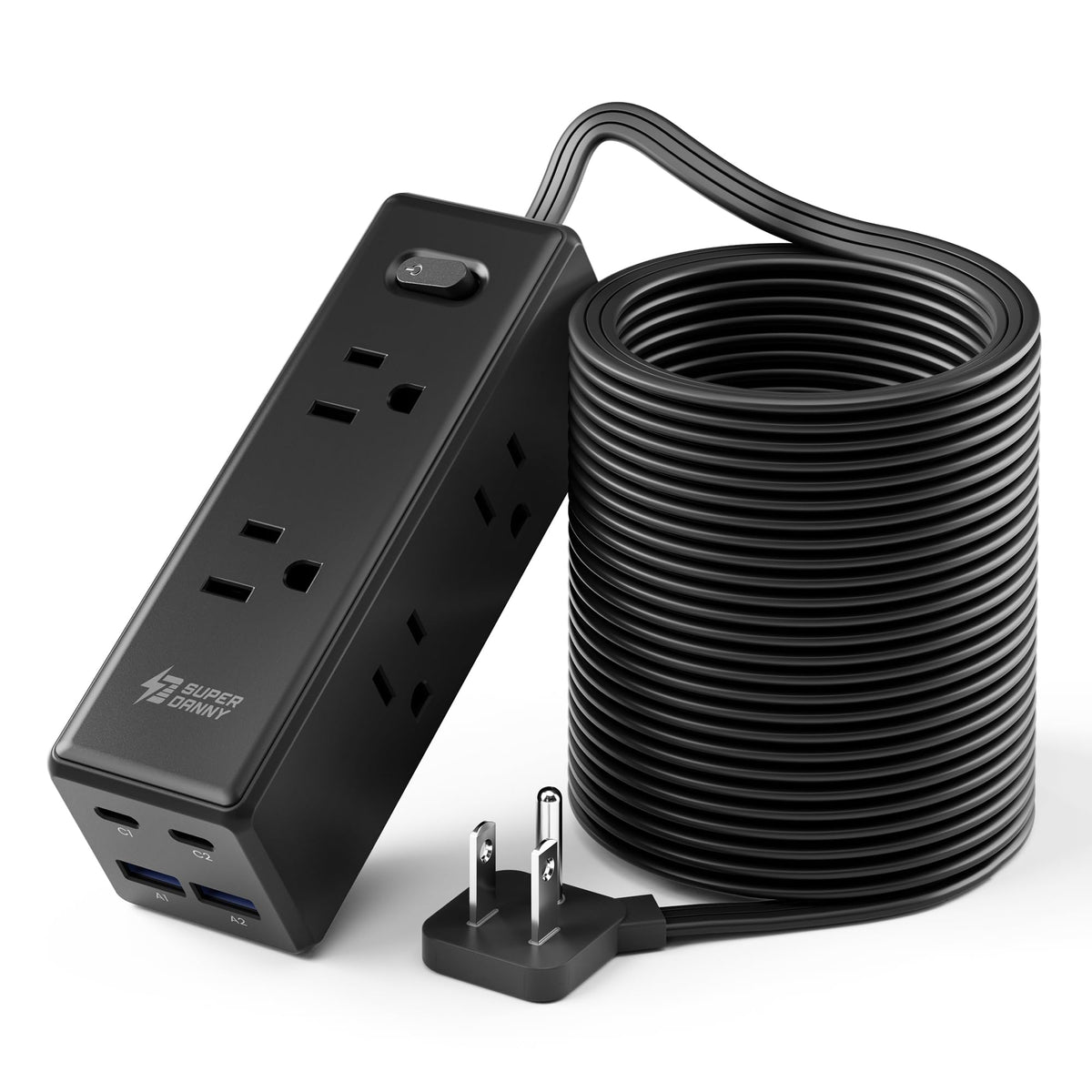 SUPERDANNY 15Ft Extension Cord with Multiple Outlets, Flat Plug Power Strip