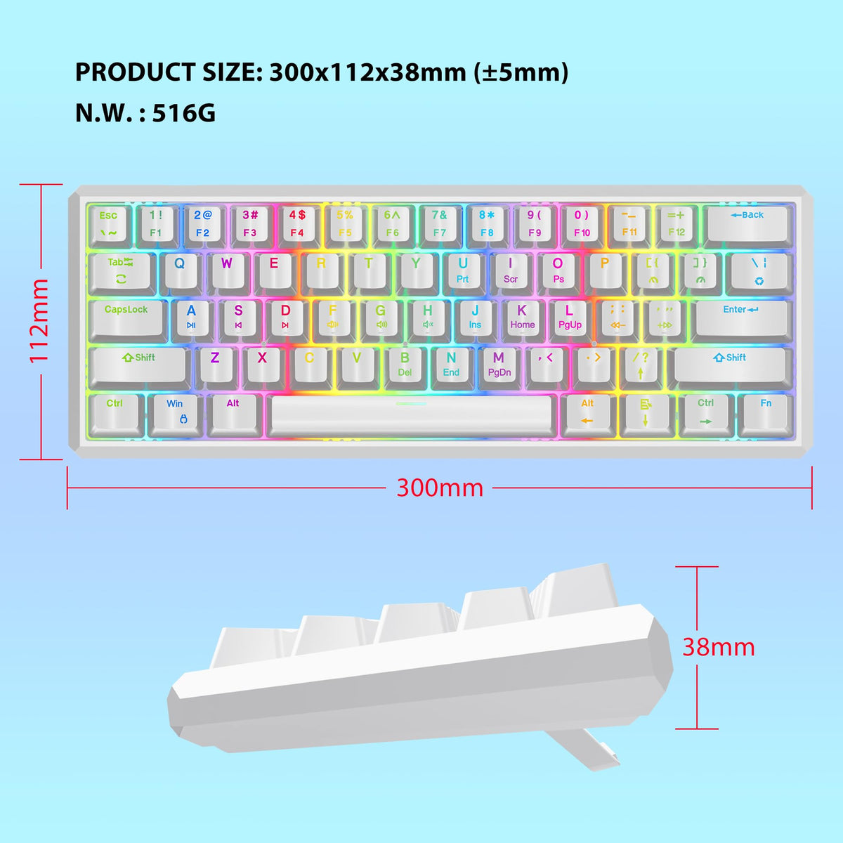 Snpurdiri 60% Wired Mechanical Gaming Keyboard, Ice Blue LED Backlit 61 Keys Mini Wired Office Keyboard for Windows Laptop PC Mac (Black-White, Red Switches)
