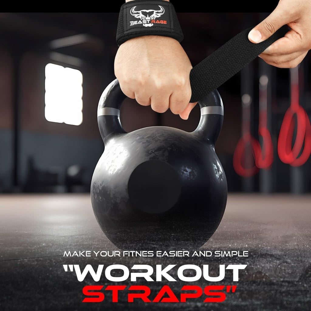 BEAST RAGE Weight Lifting Straps Fitness Padded Cotton Wrist Support Gel Advanced Grips Dumbbell Bar Wraps Heavy Duty Gym Bodybuilding Straps Power Deadlift Barbells Non Slip Exercise