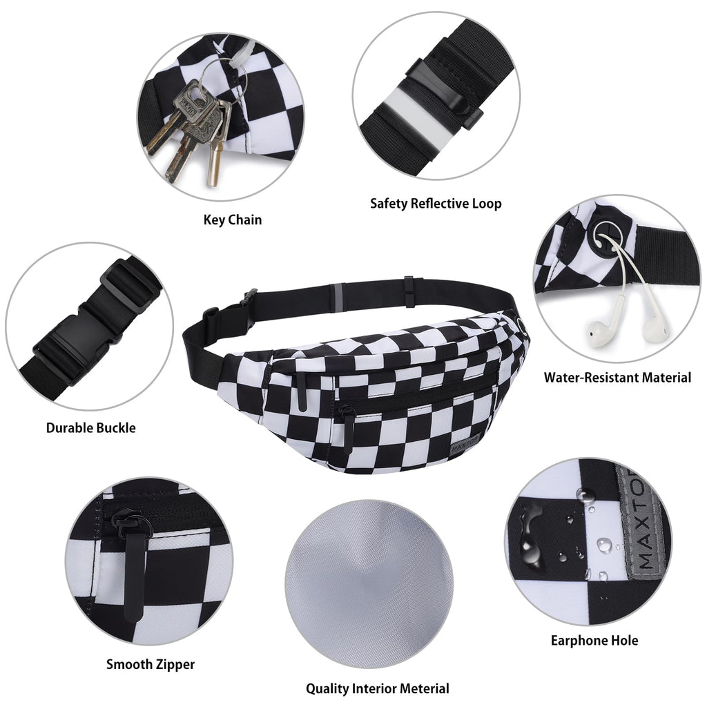 MAXTOP Large Bumbag Waist Fanny Pack Running Belt for Men Women Unisex Bum Bag with Headphone Jack and 4-Zipper Pockets Adjustable Belt for Travel Running Jogging Workout Hiking Gifts All Black