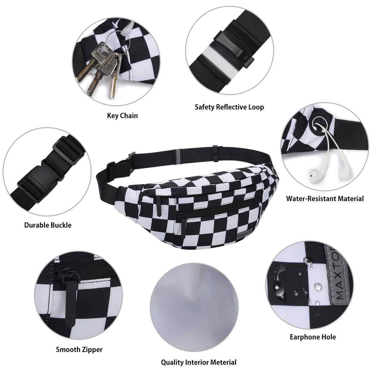 MAXTOP Large Bumbag Waist Fanny Pack Running Belt for Men Women Unisex Bum Bag with Headphone Jack and 4-Zipper Pockets Adjustable Belt for Travel Running Jogging Workout Hiking Gifts All Black