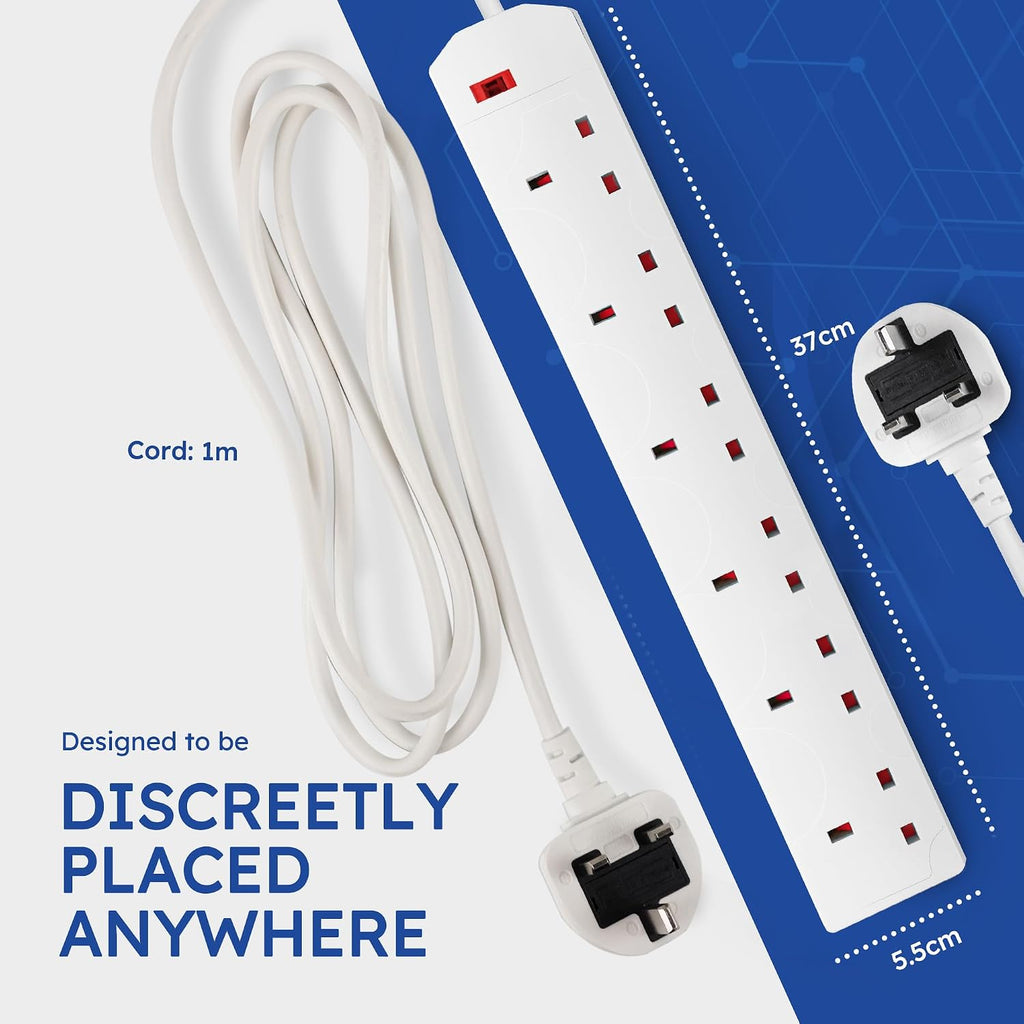 DESIRETECH White Electric Extension Lead - 6 Gang, 1 Metre Cable with UK Plug & 3 Pin Socket - Wall Mountable & Multi Socket Mains Strip for Home, Bedroom, Kitchen, & Office (1 Pack)