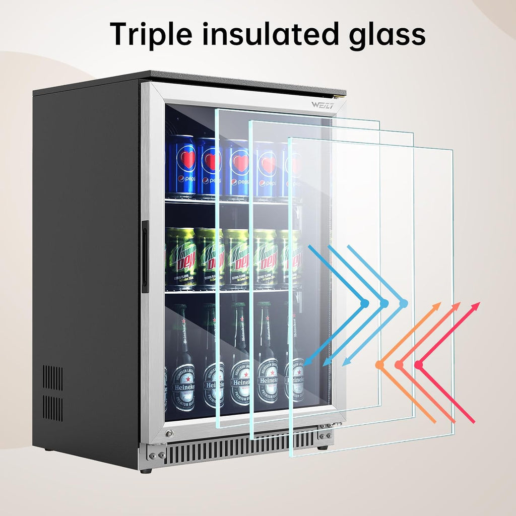 Weili 20 Inch Under Counter Beverage Refrigerator with Glass Door, 120 Can