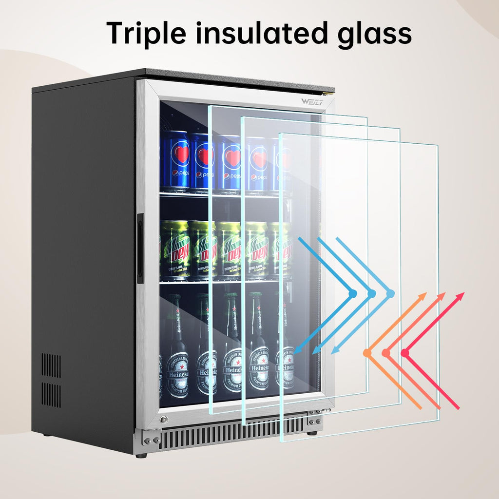 Weili 20 Inch Under Counter Beverage Refrigerator with Glass Door, 120 Can