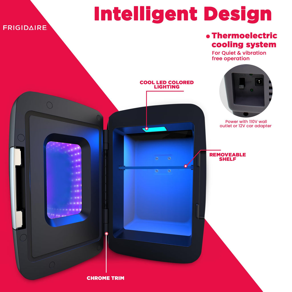 Frigidaire Gaming Light Up Mini Beverage Refrigerator, 6 can, 4 liters, Cooler with large see through door and LED lights Perfect for Gaming Experience, Home, Office, or Cars.12V Charger (Blue)