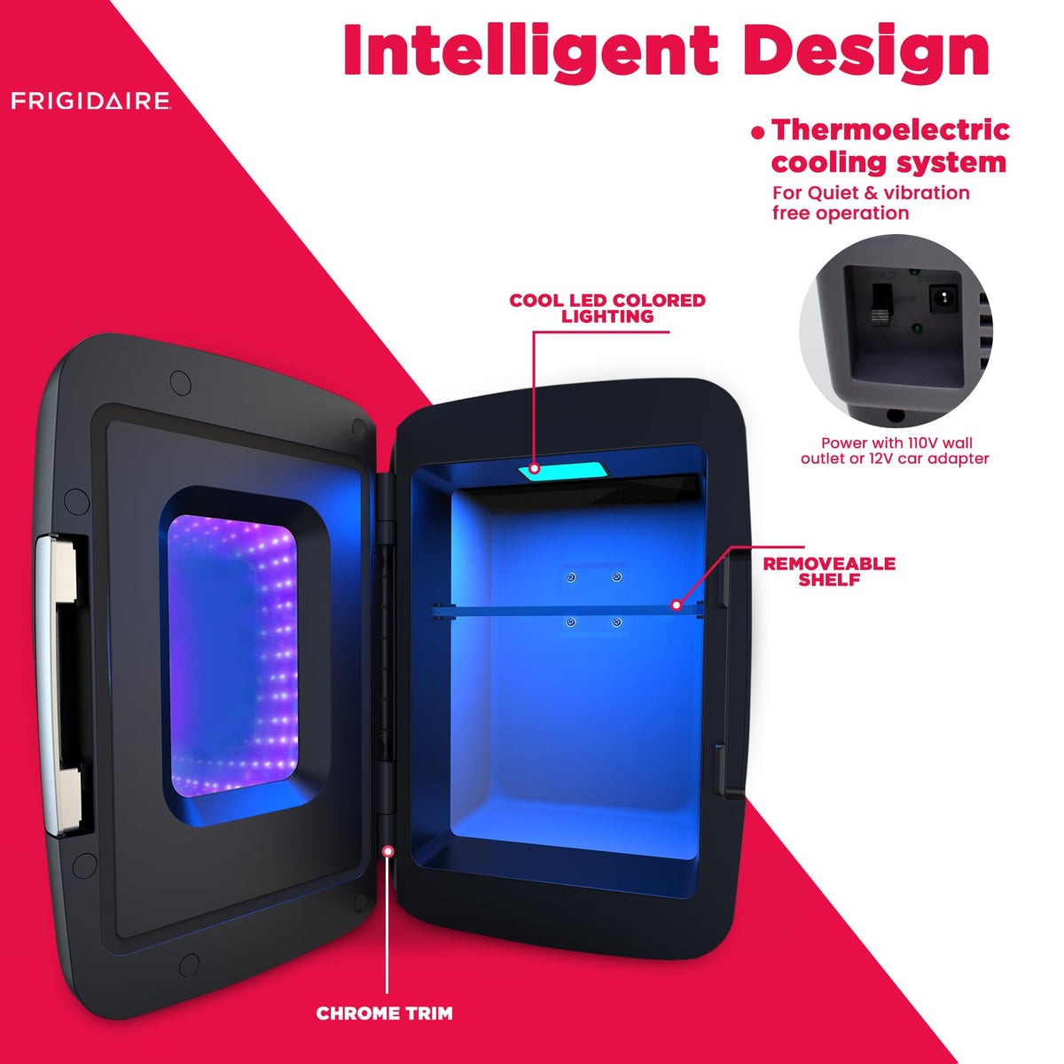 Frigidaire Gaming Light Up Mini Beverage Refrigerator, 6 can, 4 liters, Cooler with large see through door and LED lights Perfect for Gaming Experience, Home, Office, or Cars.12V Charger (Blue)