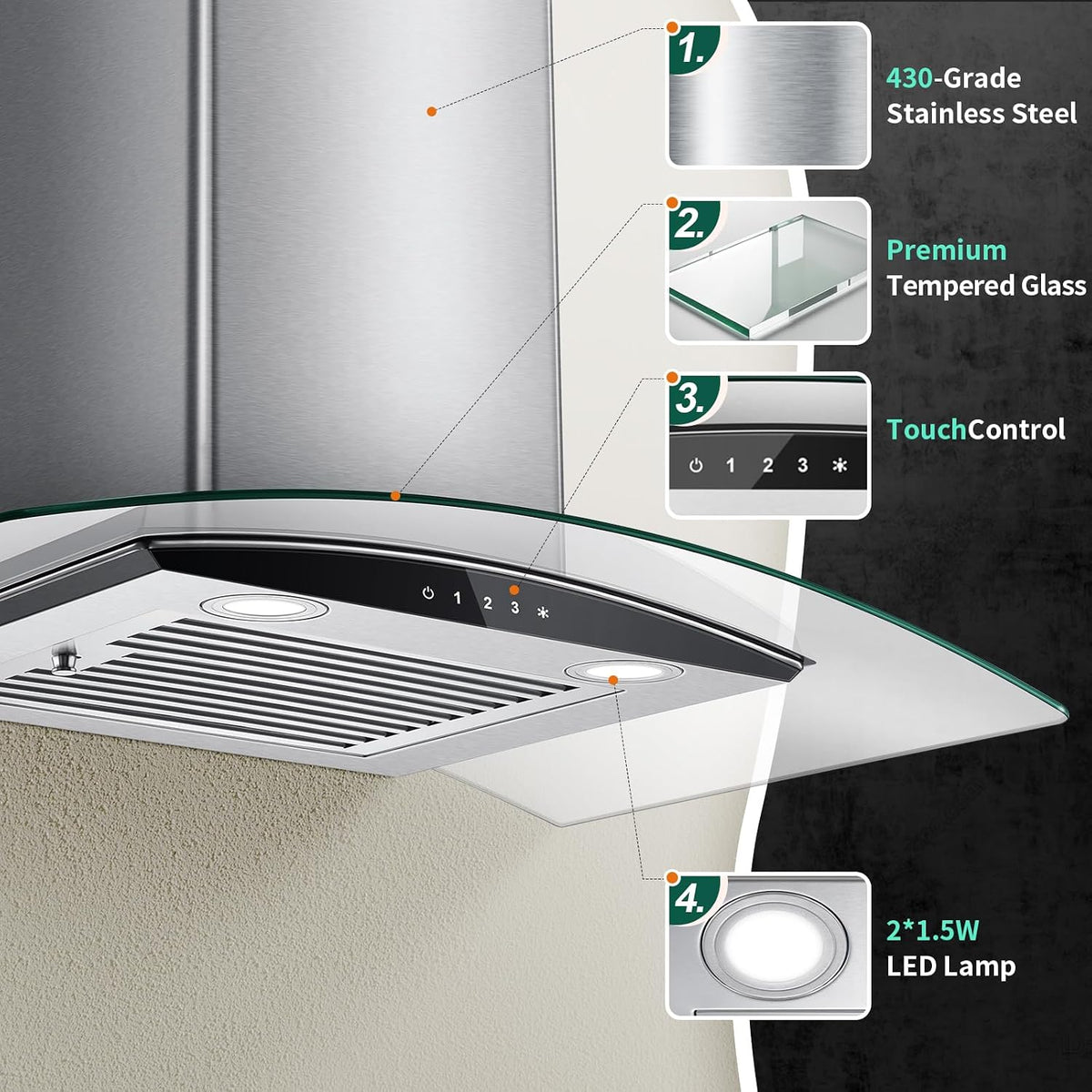 Tieasy Range Hood 30 Inch, 450 CFM Wall Mount Kitchen Hood with Ducted/Ductless Convertible Stainless Steel Filter Range Hoods 3-Speed Touch Control LED Lights
