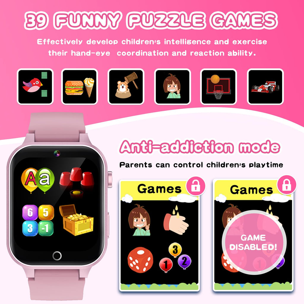 Kids Smart Watches Girls Age 5-12, 26 Games High-Resolution Touchscreen Kids Watch with Video Camera Music Player Pedometer Flashlight 12/24 hr Educational Toys Birthday Gifts for Girls Ages 6 7 8