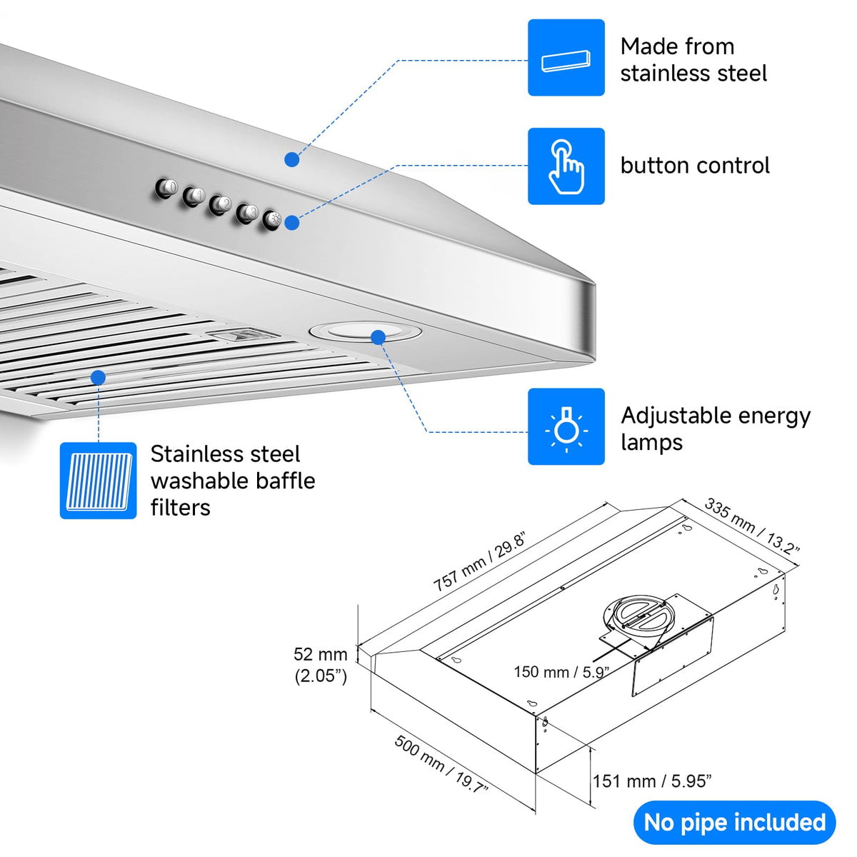 AMZCHEF 30" Under Cabinet Range Hood, 750CFM Stainless Steel Vent Hood