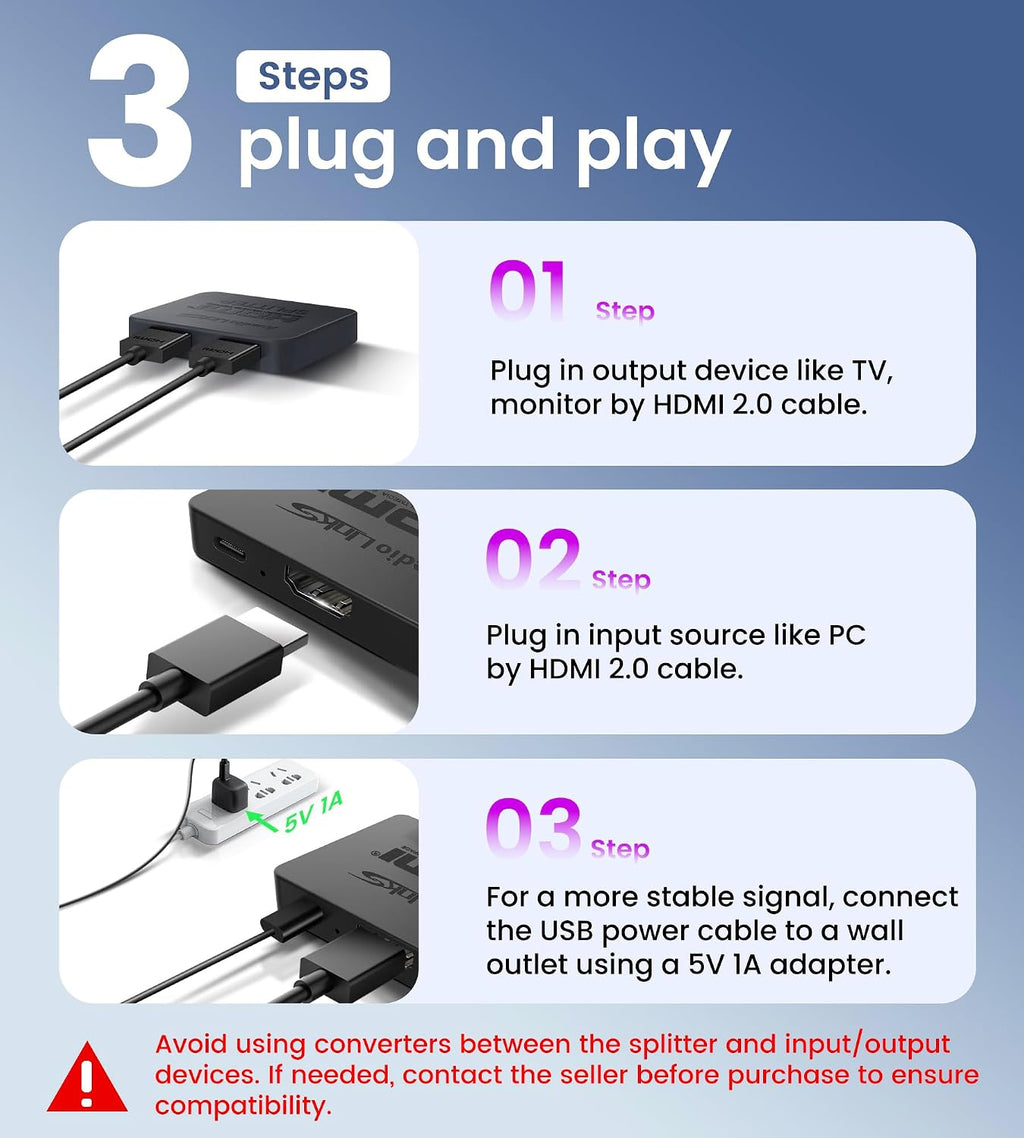 avedio links 4K@60Hz HDMI Splitter 1 in 2 out, Mirror Same Screen Only