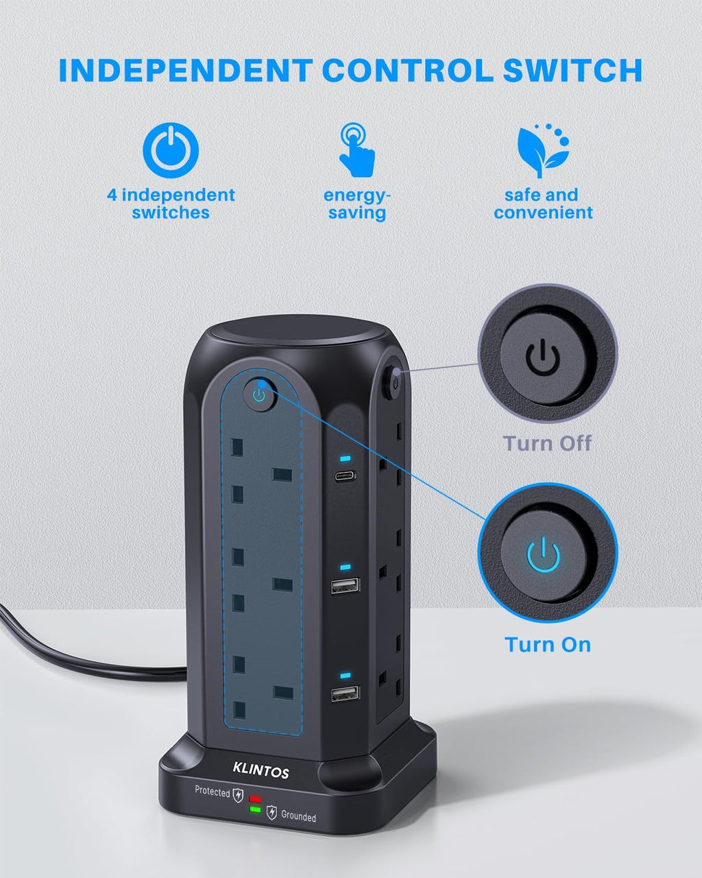 Tower Extension Lead 2M, 12 Way, 6 USB, 4 Independent Switches