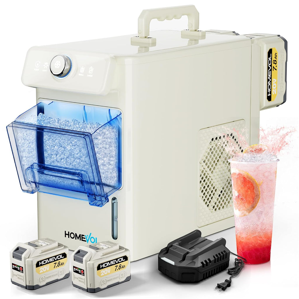 2 in 1 Cordless Countertop Ice Maker, Battery Powered Portable Countertop Ice Machine, 6-Minute Fast Ice Cubes with 2 Size, 40lbs Daily, 40dB Quiet, Self-Cleaning, 2 × 7.8Ah Battery, Stainless Steel