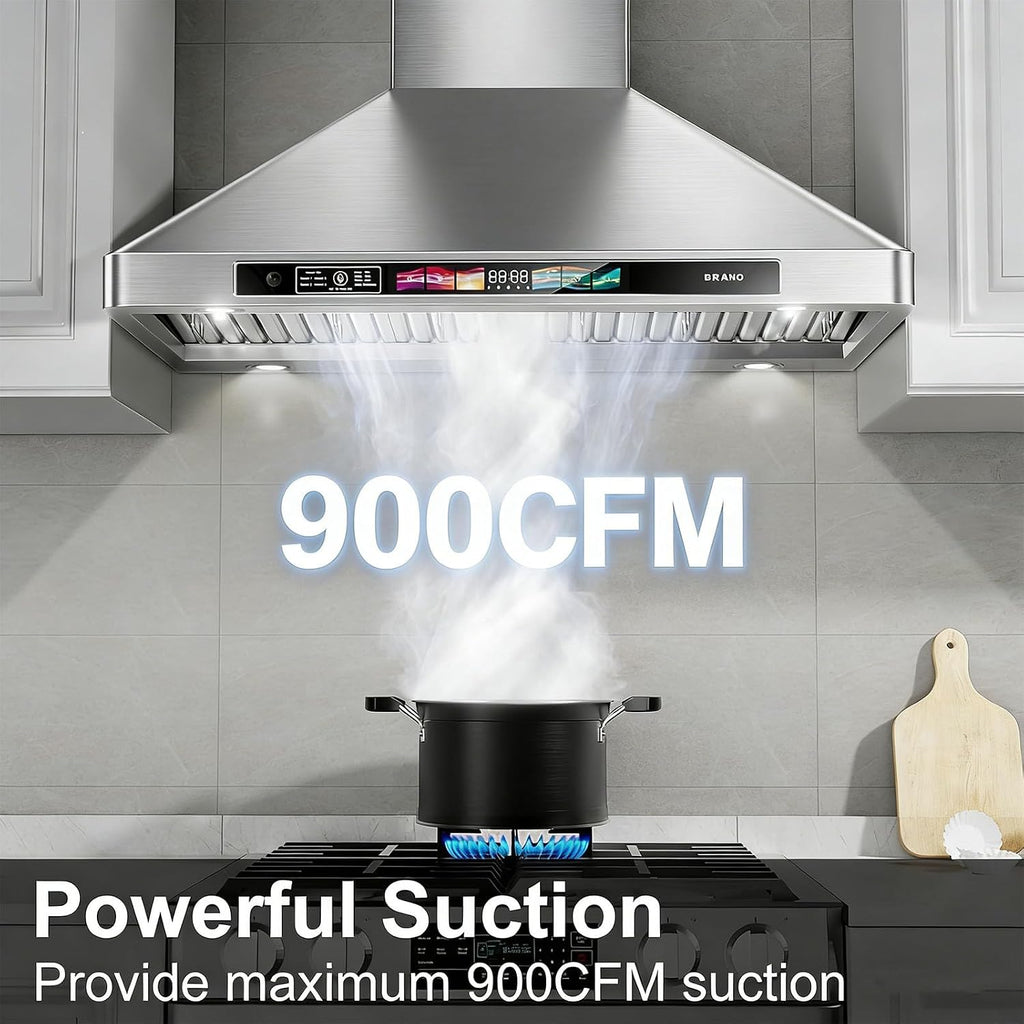 Range Hood 30 Inch, 900 CFM Wall Mount Range Hood with Voice, Gesture & Touch Control, Stainless Steel Kitchen Vent Hood with 4-Speed Fan, Adjustable LED Lights, Ducted/Ductless Convertible