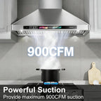 Range Hood 30 Inch, 900 CFM Wall Mount Range Hood with Voice, Gesture & Touch Control, Stainless Steel Kitchen Vent Hood with 4-Speed Fan, Adjustable LED Lights, Ducted/Ductless Convertible