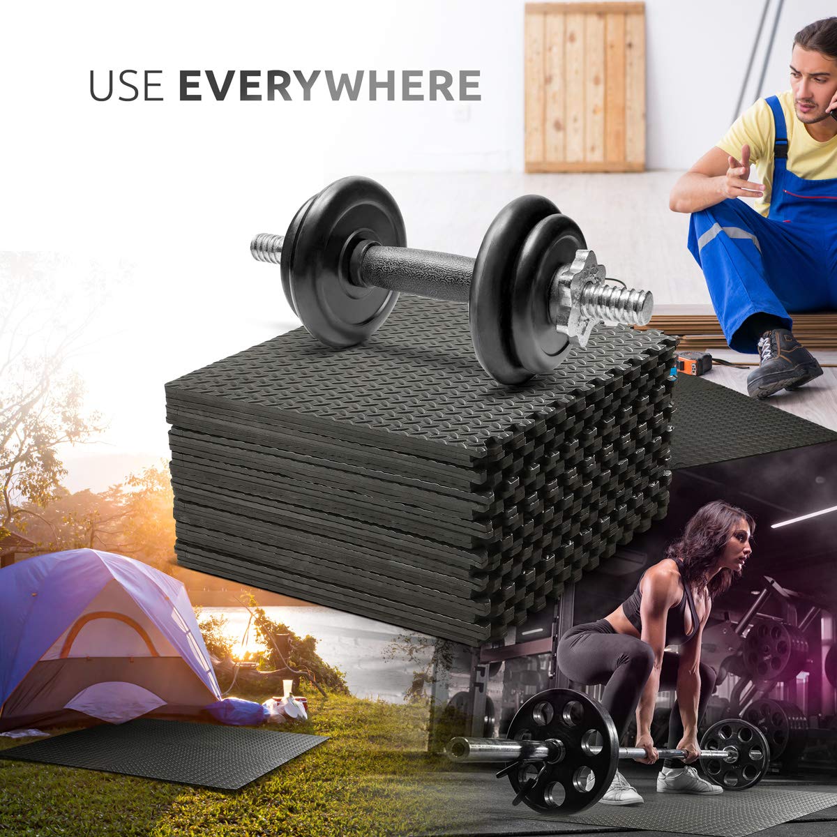 Exercise Foam Mat - Anti fatigue Protective Interlocking Puzzle EVA Floor Tiles with Edges - Gym Flooring Mats - Non slip Rubber Cushion for Underlay (Black, 4 Tiles (16 Square Feet))