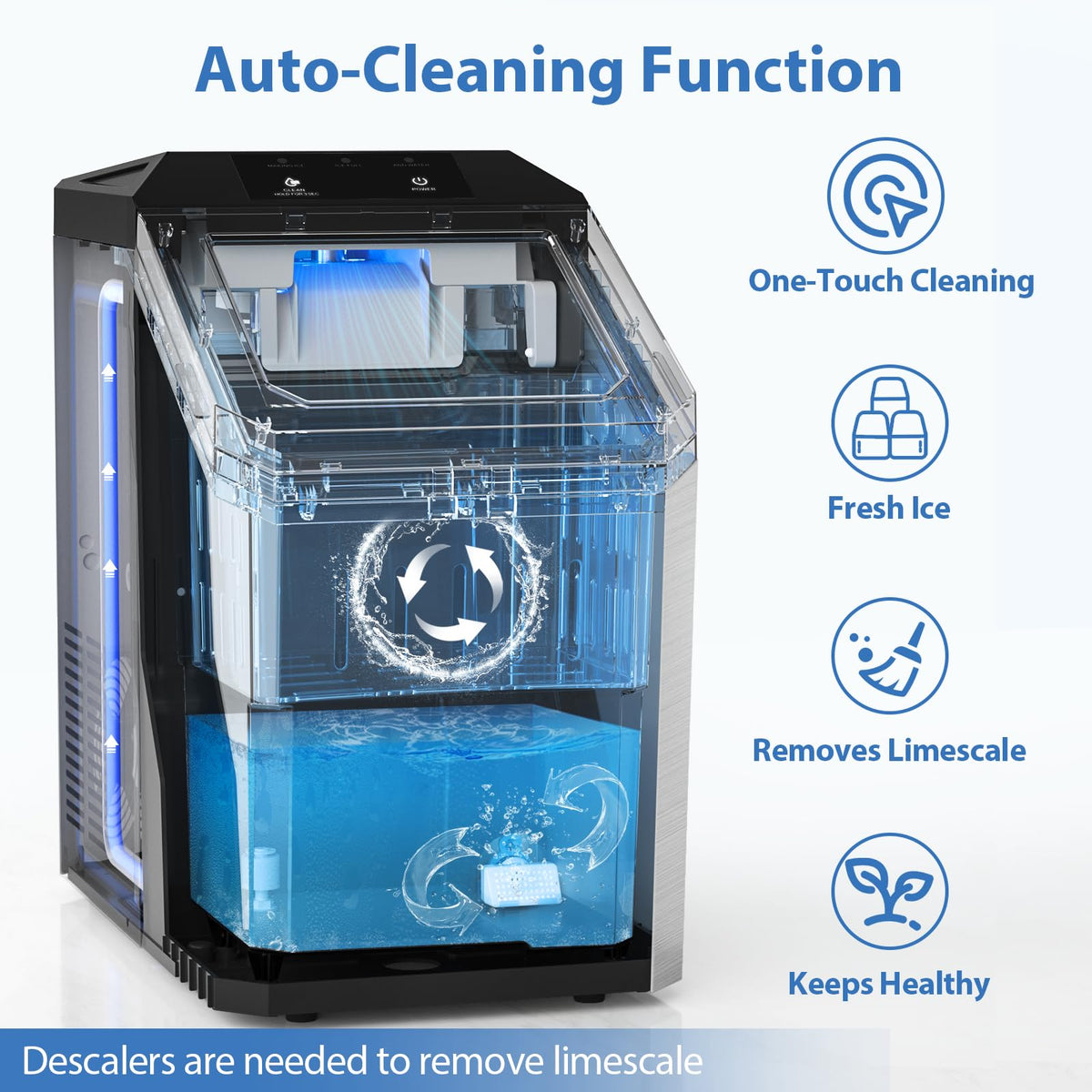 Aeitto Nugget Ice Maker Countertop, 55lbs/Day, Rapid Ice Release in 5 Mins, Large Capacity Chewable Ice Maker, Self-Cleaning with Stainless Steel Housing Ice Machine for Home Office and Party, Black